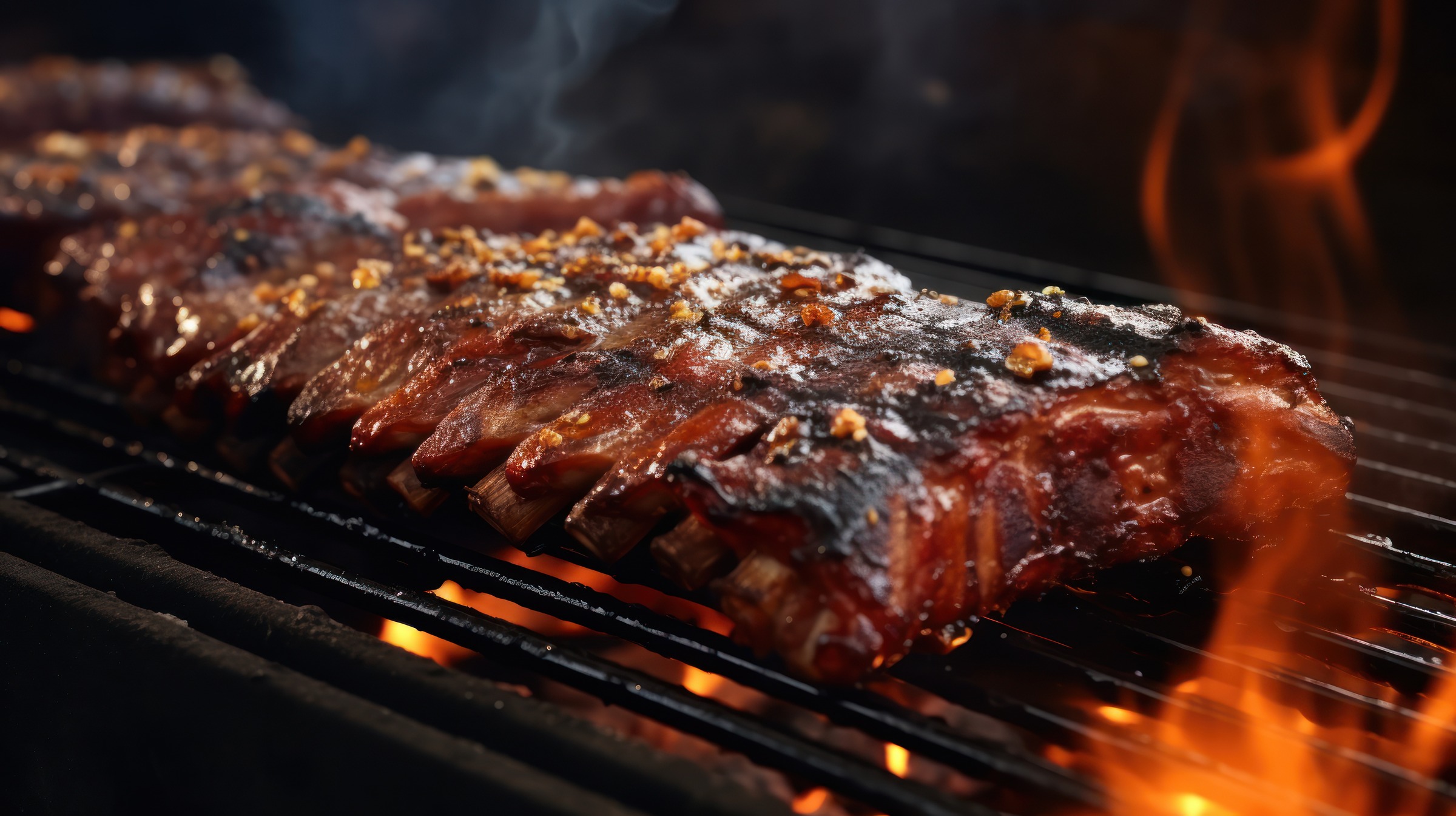 Pork ribs on a flaming grill at Hutt Ribs